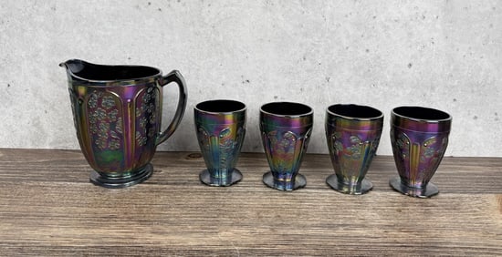 Cherry Blossom Carnival Glass Water Pitcher Set