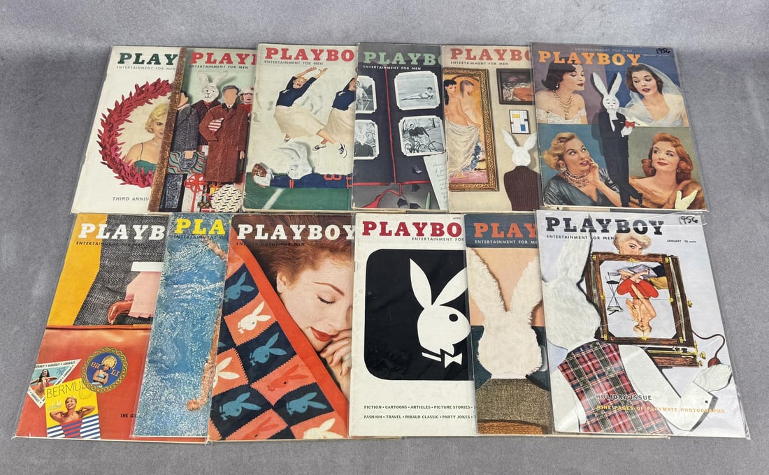 1956 Playboy Magazine Full Year Run: Full year run. Year date in sharpie that is written is on protective cover, not on magazine.