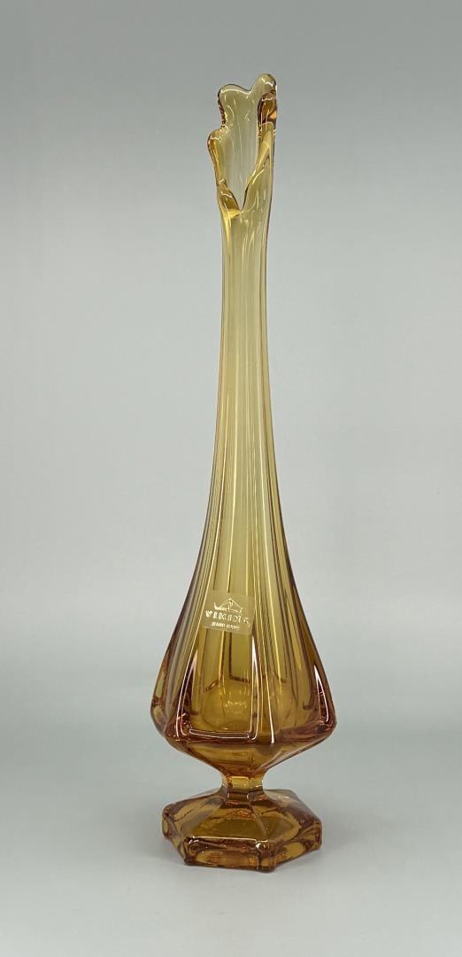 Mid Century Viking Amber Swung Glass Vase: 13" tall, 3" diameter.