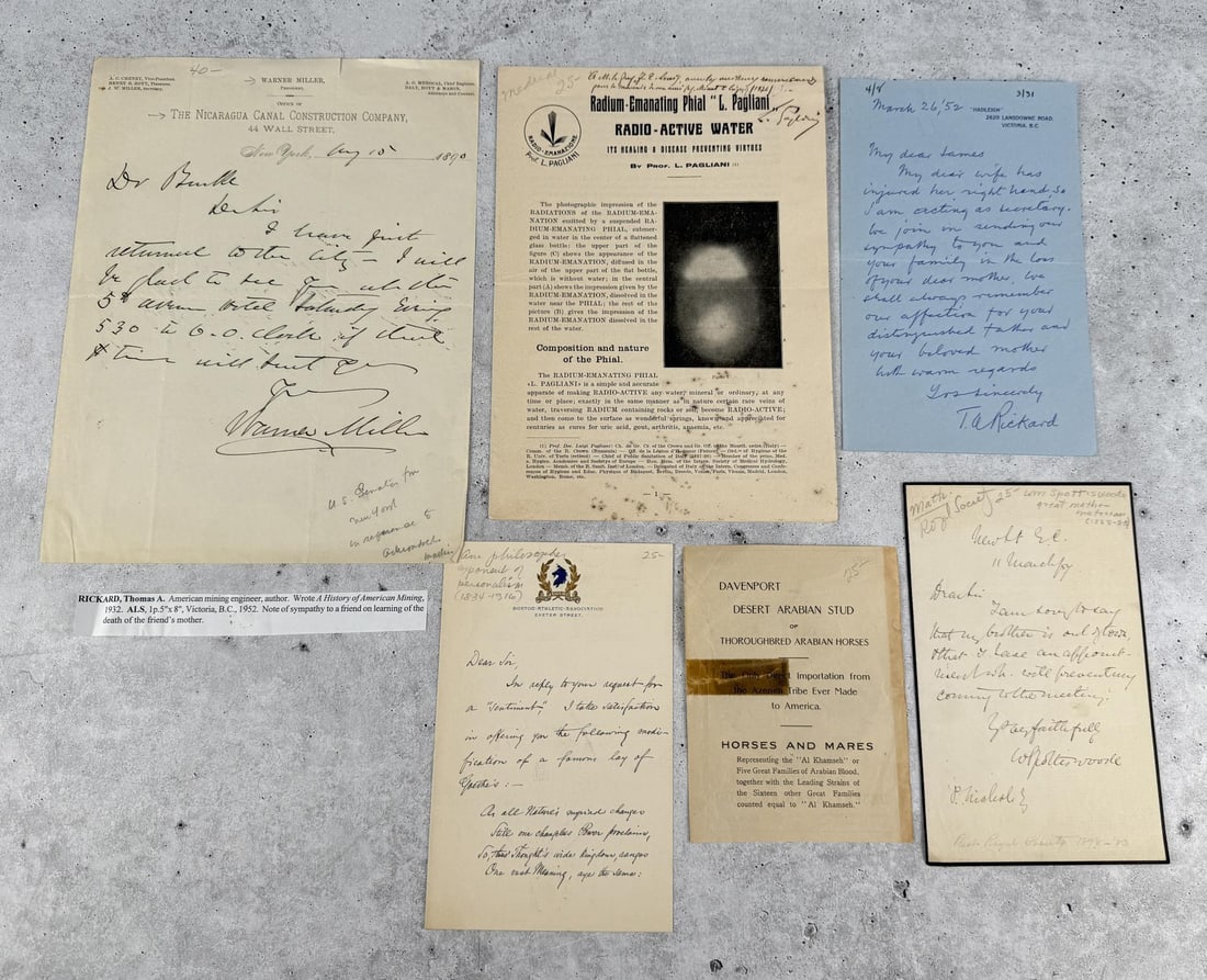 Assorted Signed Letters Natural World: Thomas A. Rickard Mining Engineer, L. Pagliani Radium Therapy, Warner Miller Nicaragua Canal, and more.