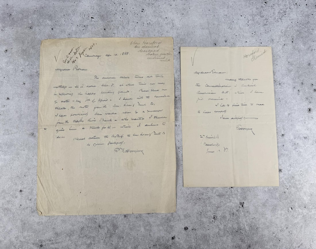 Eben Norton Horsford Scientist Signed Letters: Eben Norton Horsford (July 27, 1818 ? January 1, 1893) was an American scientist who taught agricultural chemistry in the Lawrence Scientific School at Harvard from 1847 to 1863. Later he was known fo