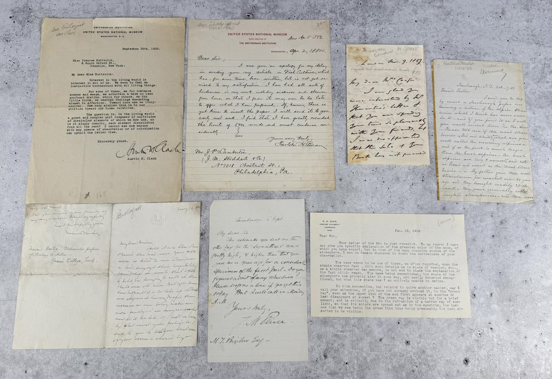 Collection of Assorted Letters by Scientists: Austin Hobart Clark, Tarleton Hoffman Bean, Charles Downing, William Morris Davis, James Mills Peirce, Marcus Manuel Hartog, Andrew Jackson Downing, William Spence.