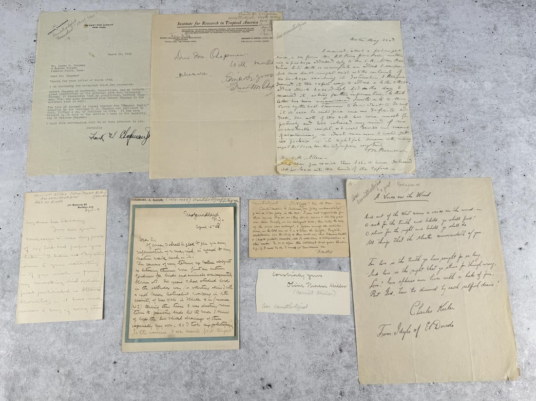 Collection of Assorted Letters by Ornithologists: Frank Michler Chapman, Charles Augustus Keeler, Harriet Mann Miller, Arthur Vaux Venner Radclyffe Dugmore, and more.