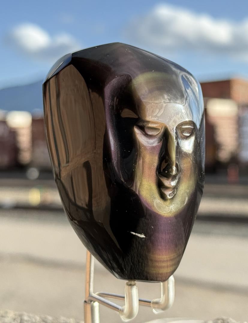 Mexican Rainbow Obsidian Face Carving: 3 1/4" by 2 1/4" by 2"