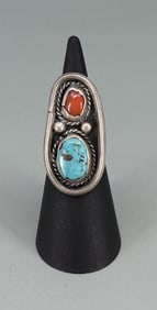 Navajo Sterling Silver Turquoise Coral Ring