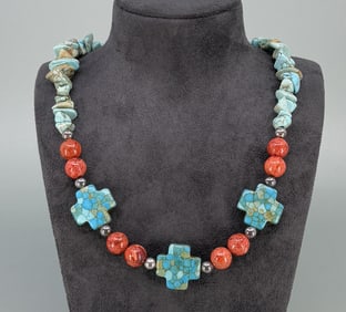 Navajo Turquoise and Coral Cross Necklace