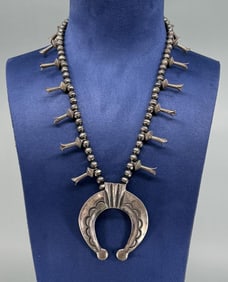 Navajo Sterling Tufa Cast Squash Blossom Necklace