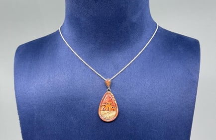Zuni Inlaid Sterling Silver Pueblo Necklace