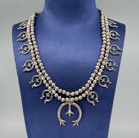 Navajo Sterling Tufa Cast Squash Blossom Necklace