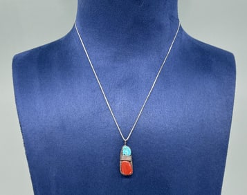 Navajo Sterling Silver Turquoise Coral Necklace