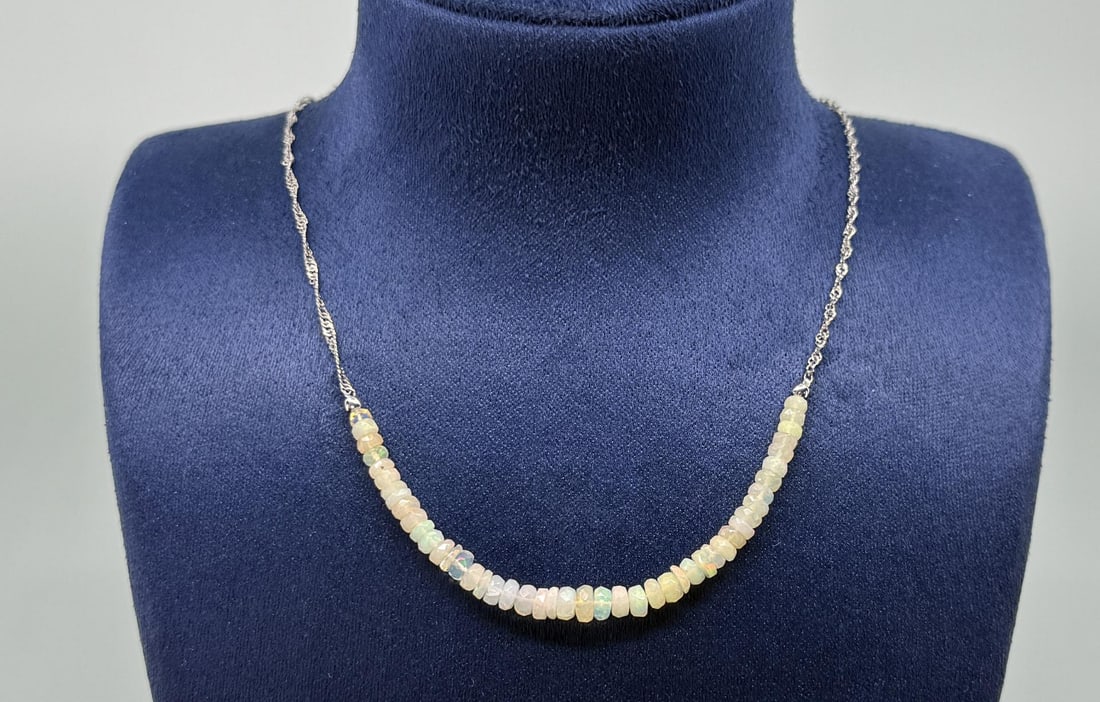 Rondelle Ethiopian Opal Sterling Silver Necklace: 9" long closed.