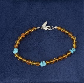 Sterling Silver Amber & Turquoise Bracelet