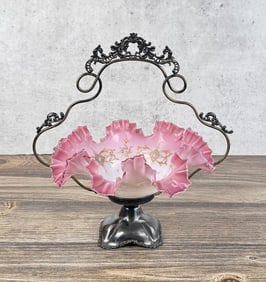 Elegant Victorian Ruffled Brides Basket & Stand