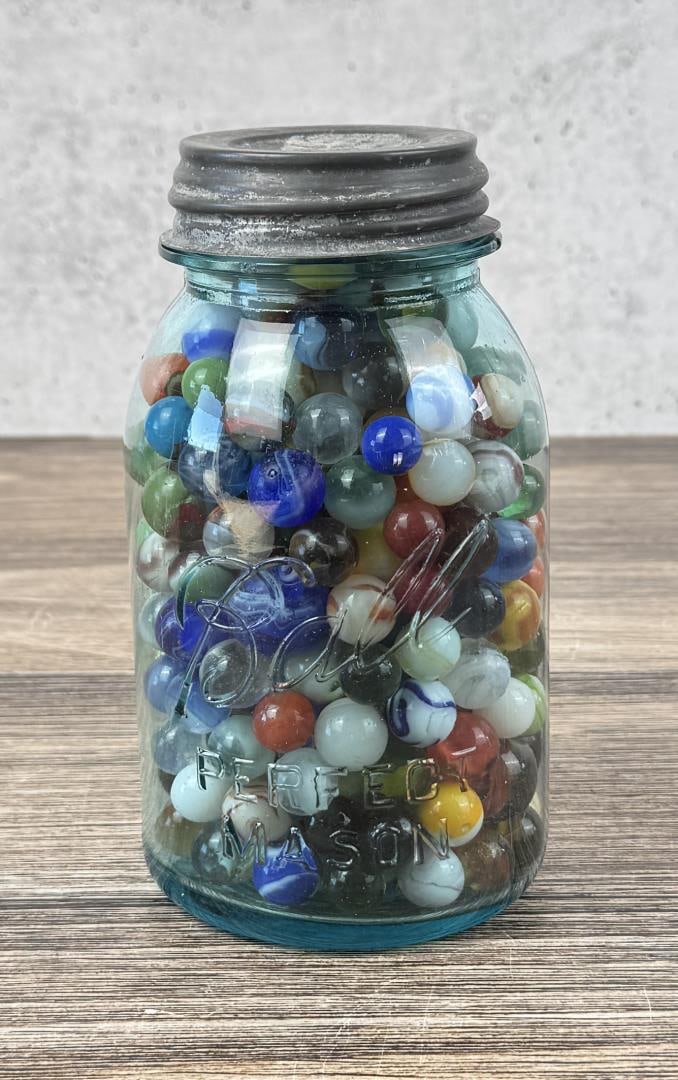 Jar of Vintage Marbles: Nice grouping. Jar stands 7 inches tall.