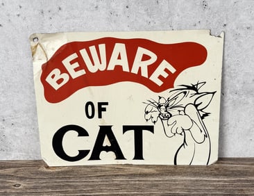 Vintage Painted Beware Of Cat Folk Art Metal Sign