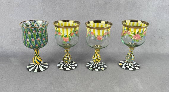 Mackenzie Childs Circus Tulip Water Goblets: Four total. Three Child's Rose and one Tulip Arbo. 6 3/4" tall by 3 3/4" in diameter.