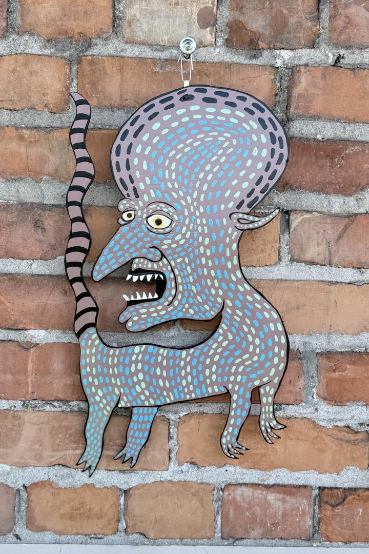 Steve Burnley Folk Art Wrinkle Brained Fanker: Painted Tin. Title is Wrinkle Brained Fanker. 15 7/8" by 9". From the Artist My name is Steve Burnley. I?ve been drawing since I was old enough to hold a pencil. I?ve always drawn creatures and such. 
