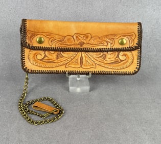 Vintage Western Tooled Leather Wallet & Chain
