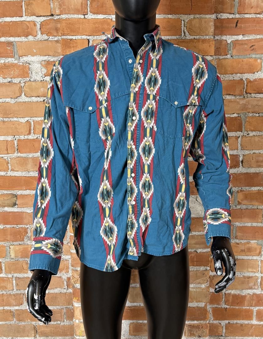 Wrangler Aztec Pattern Pearl Snap Western Shirt: 26 1/4" long by 22 1/4" armpit to armpit.