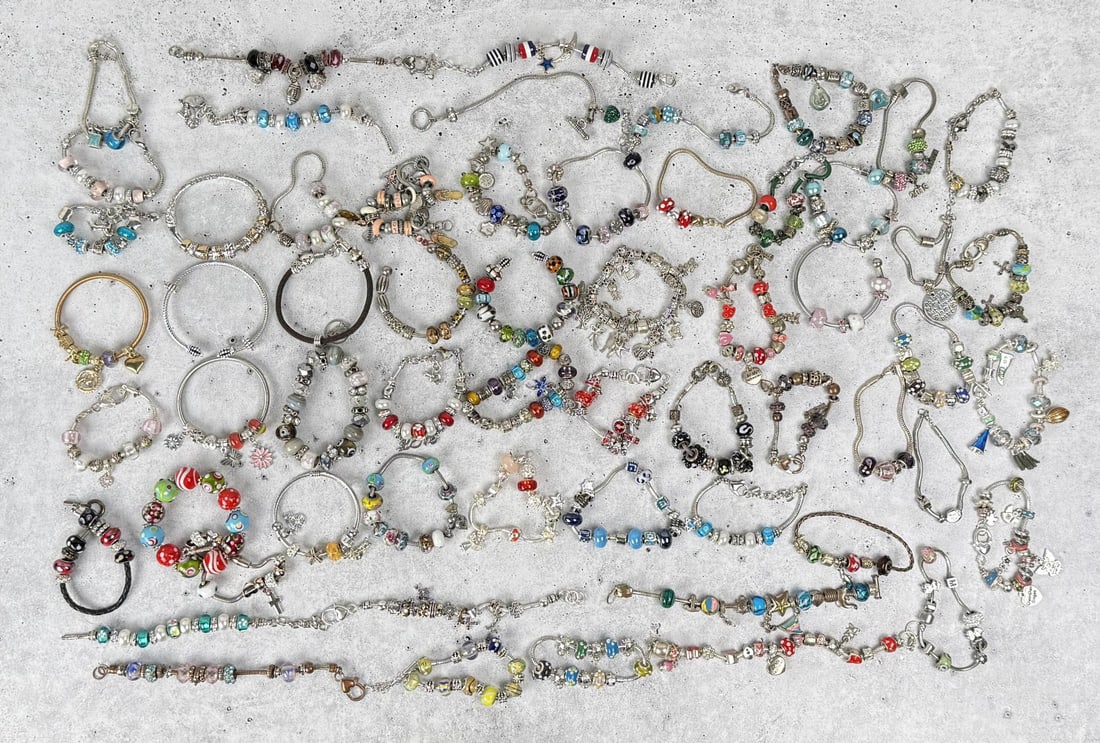 Large Group Of Pandora Style Charm Bracelets: 4 lbs 4 ounces. Some are sterling, some are not.
