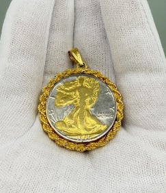 Gold Plated Walking Liberty Half Dollar Pendant
