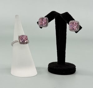 Sterling Silver and Pink CZ Ring and Earrings Set