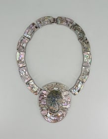 Taxco Sterling Azurite Abalone Mask Necklace