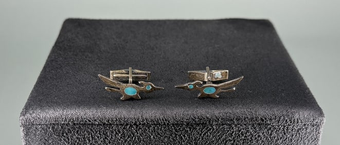 Sterling Silver Turquoise Roadrunner Cufflinks