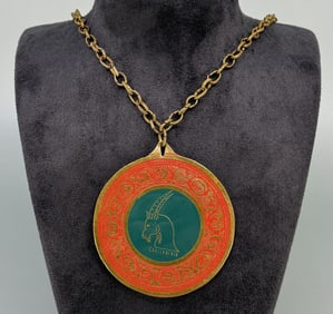 Large Brass Capricorn Zodiac Disk Necklace