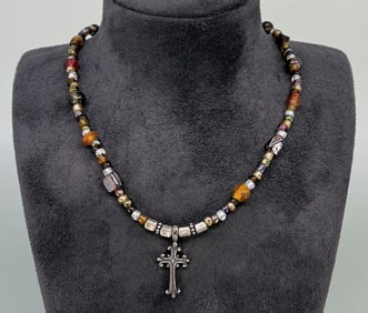 Beaded Sterling Silver Cross Necklace