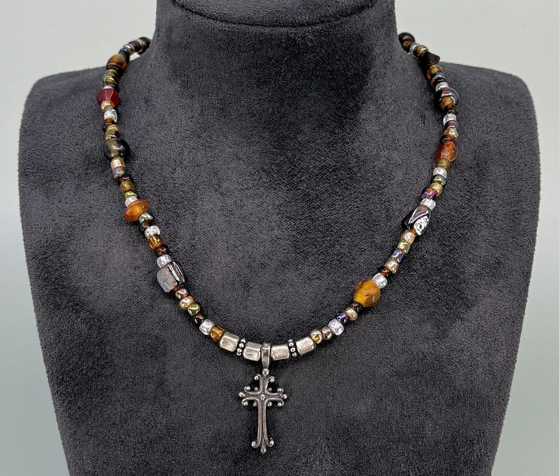 Beaded Sterling Silver Cross Necklace: 8 5/8" long closed.