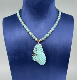 Zuni Carved Turquoise Heishi Leaf Necklace