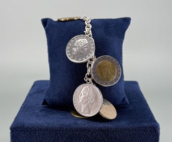 Sterling Silver Italian Coin Charm Bracelet