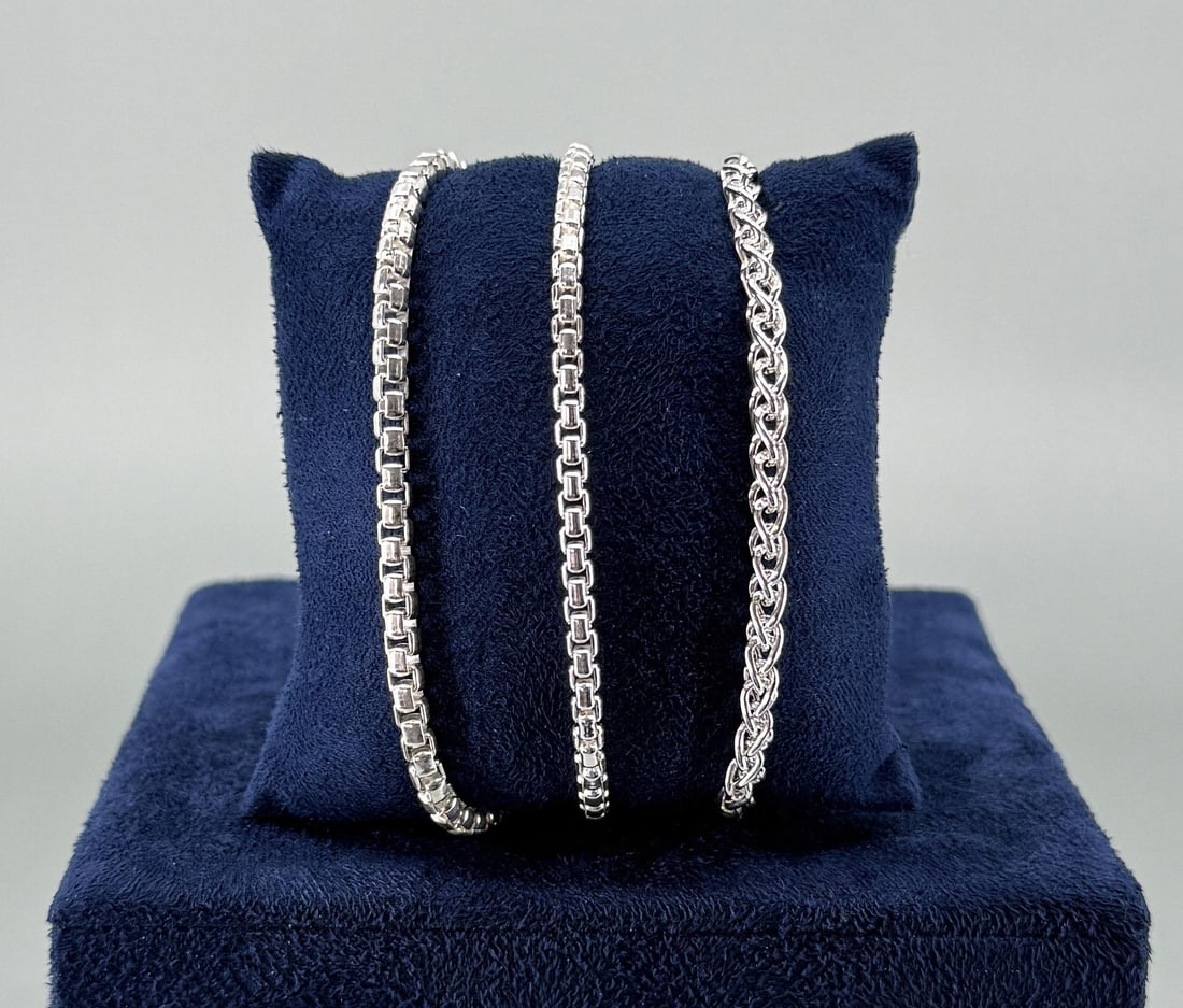 Group Of Sterling Silver Link Bracelets: Three total. Longest one measures 8 1/8" open. 30.17 grams combined weight