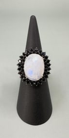 Rainbow Moonstone Black Spinel Sterling Ring