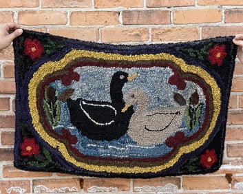 Antique Primitive Two Ducks Hooked Rug