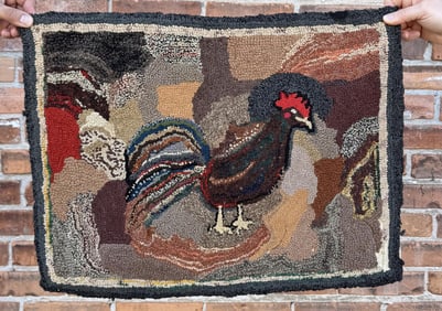 Antique Primitive Rooster Hooked Rug