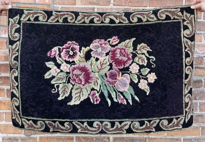 Antique Primitive Flowers Hooked Rug