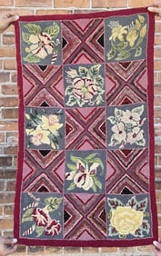 Antique Primitive Flowers Blocks Hooked Rug