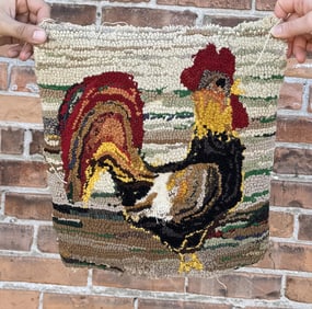 Antique Primitive Rooster Hooked Rug