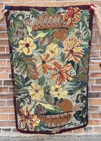 Antique Primitive Flowers Hooked Rug