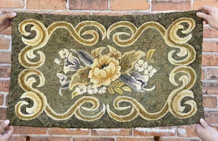 Antique Primitive Flowers Hooked Rug