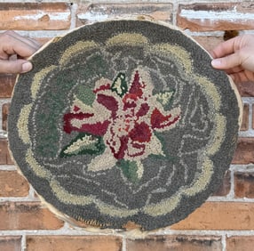 Antique Primitive Flower Hooked Rug