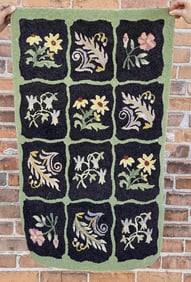 Antique Primitive Flowers Blocks Hooked Rug