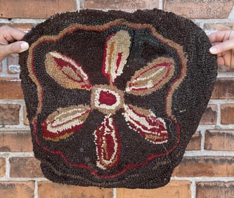 Antique Primitive Abstract Flower Hooked Rug