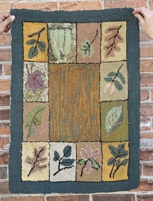 Antique Primitive Leaves Blocks Hooked Rug
