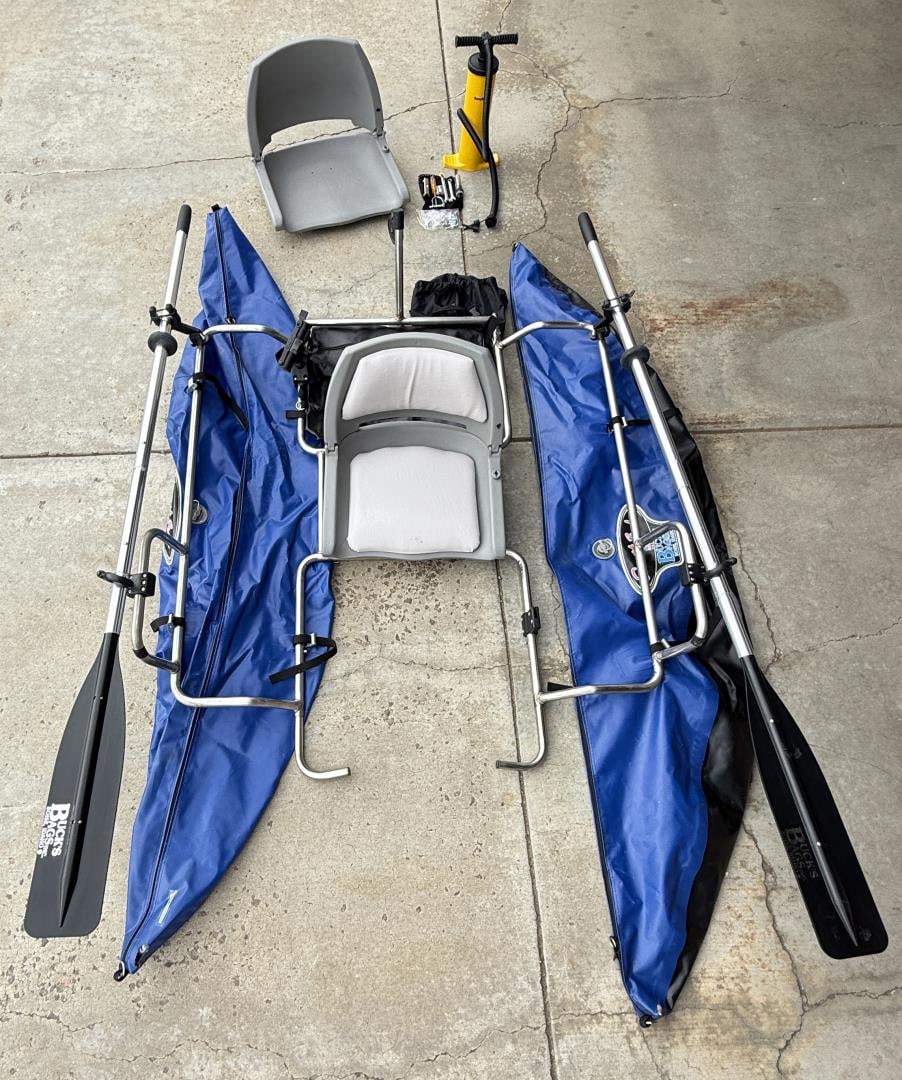 Buck's Bags Southfork Pontoon Fishing Boat: Lot includes extra seat, tool kit, pump, various gear and cargo bags, and 6' aluminum breakdown oars.