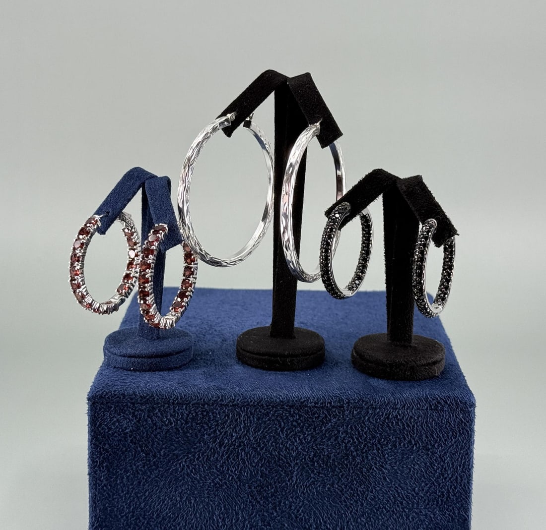 Sterling Silver Spinel Garnet Earrings: Largest is 2" diameter. 27.67 grams.