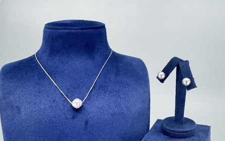 Sterling Silver Tahitian Pearl Earrings Necklace