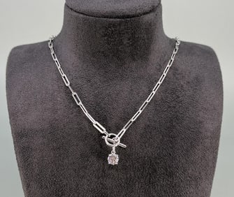 Sterling Silver Toggle CZ Paper Clip Necklace